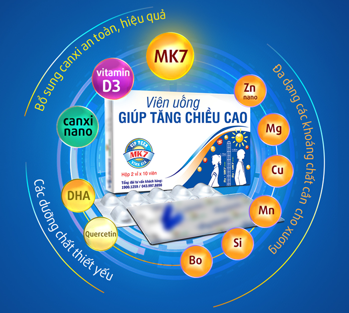 Bộ sản phẩm giúp tăng chiều cao chứa Canxi nano, vitamin D3, MK7